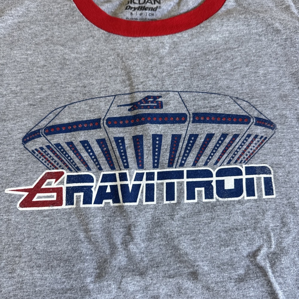 Gildan DryBlend Gravitron UFO ride Funland Ringer Shirt Gray And Red Small - Picture 2 of 7